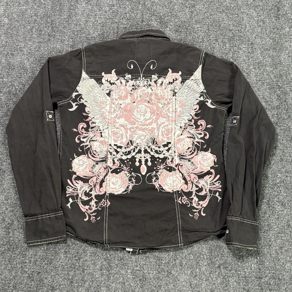 Y2K Cotton Express Button Up Shirt Womens Medium Black Grunge Rose Skater